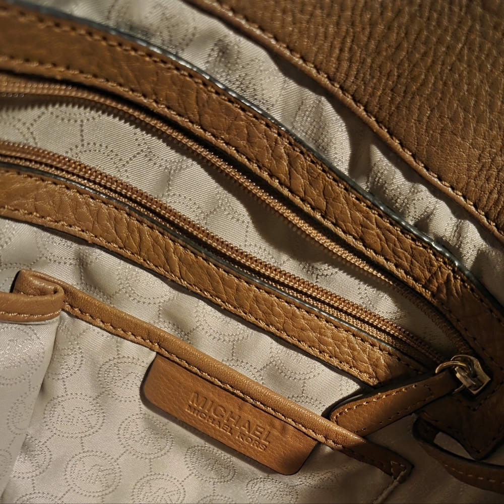 Michael Kors Tan Work Tote Pebbled Leather Gold Medium Harper Everyday Work Bag - Picture 13 of 16